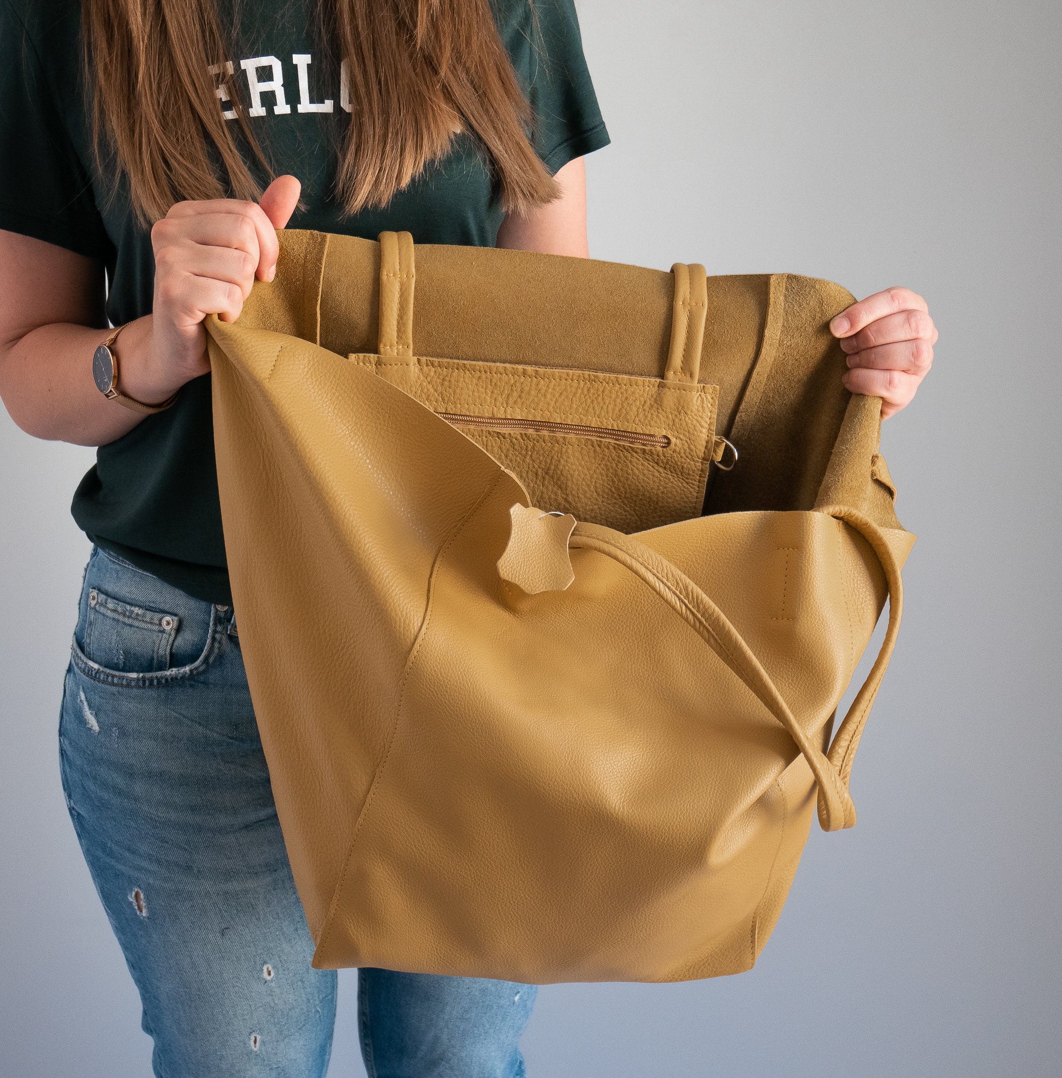 Yellow OVERSIZE SHOULDER Bag Large Leather Tote Bag Big -  Denmark