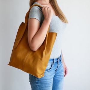 Leather Tote Bag, Large Handbag, Leather Shopper Bag, Large Tote Bag, Shoulder Bag, Leather Purse, Gift, Mustard Yellow Leather Tote