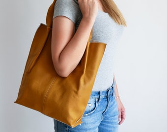 Bolso tote de piel, bolso grande, bolso shopper de piel, bolso tote grande, bolso de hombro, monedero de piel, regalo, bolso tote de piel color mostaza