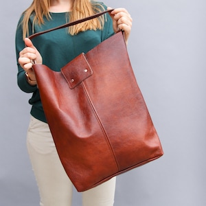 COGNAC Brown OVERSIZE SHOPPER Bag - Xxl Tote Bag Woman - Large Crossbody Purse - Big Shoulder Bag, Big Leather Bag