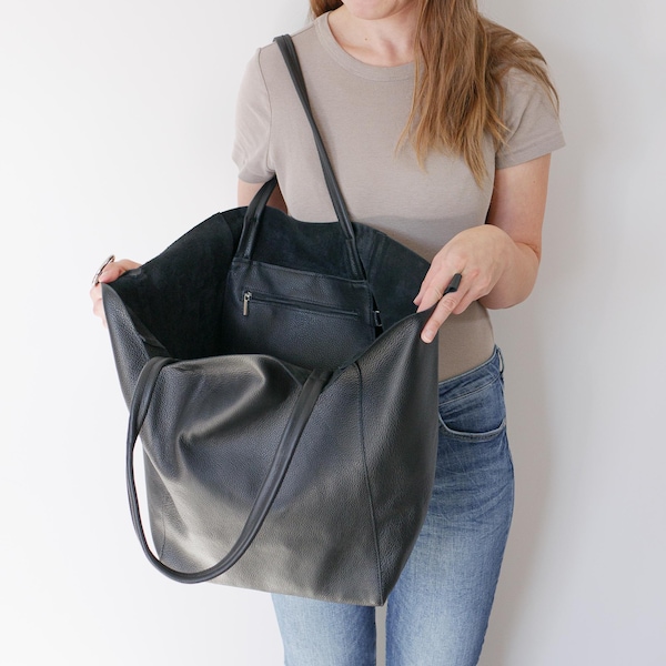 Black OVERSIZE SHOPPER Bag - Big Shoulder Bag - Travel Bag - Shopping Bag - Large Leather Tote Bag - Oversized Tote Bag - Everyday Purse