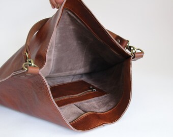 ◎GONIATELIER◎ Daily Shopper Oblong (Leather&Canvas) / Brow Oversized BROWN Leather HOBO Bag, Large Shopper Bag - Brown