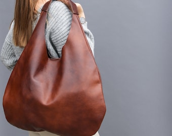 LEDER HOBO Tasche - Cognac BROWN Oversize Umhängetasche - Handtasche aus Weichem Leder für Frauen