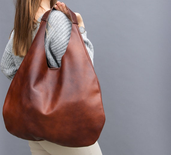 LEATHER HOBO Bag Cognac BROWN Oversize Shoulder Bag 