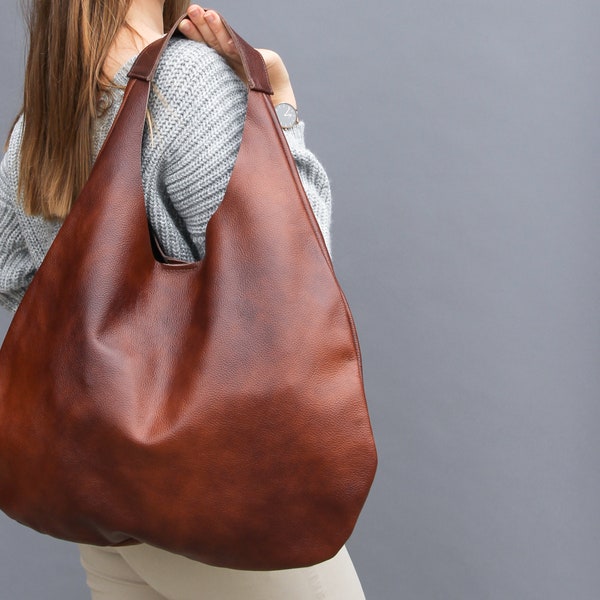 LEATHER HOBO Bag - Cognac BROWN Oversize Shoulder Bag - Everyday Leather Purse - Soft Leather Handbag for Women