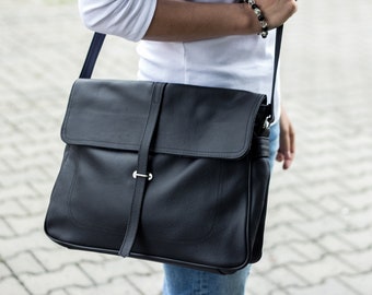 Large Messenger Bag, Leather Briefcase Bag, Laptop Leather Bag, Shoulder Bag, Crossbody Leather Bag Leather Satchel, Black School Bag