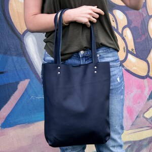 LEATHER TOTE Bag NAVY Leather Purse Natural Leather Book Bag Womens Tote bag Leather Handbag Tote Bag Simple Shoulder Bag image 9