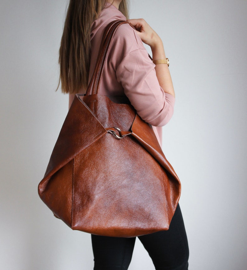 Large BROWN OVERSIZE Tote Bag Cognac Leather SHOPPER Bag Etsy