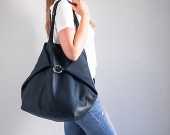 Large OVERSIZE Dark Blue Tote Bag - NAVY Blue Leather SHOPPER Bag - Oversized Tote - Big Shoulder Bag - Shopping Bag - Everyday Purse