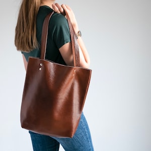 Cognac Brown LEATHER TOTE Bag - Leather Purse - Natural Leather Womens Tote Bag - Leather Handbag - Tote Bag Women - Simple Shoulder Bag