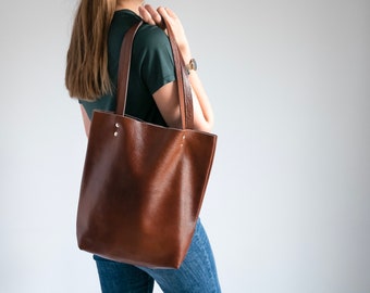 Cognac Brown LEATHER TOTE Bag - Leather Purse - Natural Leather Womens Tote Bag - Leather Handbag - Tote Bag Women - Simple Shoulder Bag