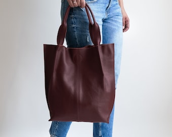 Leather Shopper Bag, Leather Tote Bag, Large Tote Bag, Large Handbag, Shoulder Bag, Leather Purse, Gift For Her, Burgundy Leather Tote