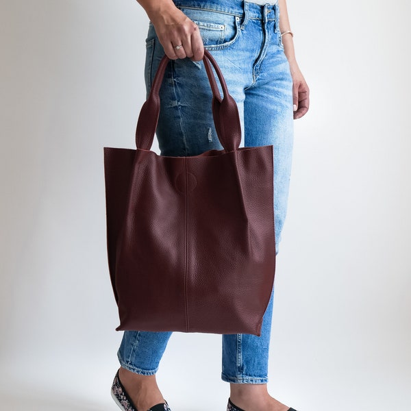 Leather Shopper Bag, Leather Tote Bag, Large Tote Bag, Large Handbag, Shoulder Bag, Leather Purse, Gift For Her, Burgundy Leather Tote