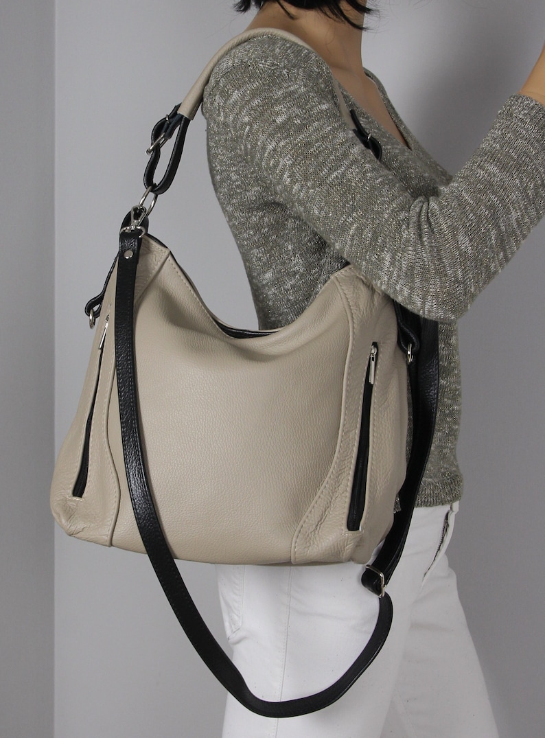 LEATHER SHOULDER Bag - HOBO Leather Bag - Everyday Crossbody Leather Purse - Cappuccino Leather Handbag image 1
