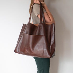 Borsa tote oversize in pelle marrone, borsa per la spesa, borsetta in pelle, borsa a tracolla grande, borsa tote in pelle per tutti i giorni, borsa tote extra large, marrone cognac immagine 9