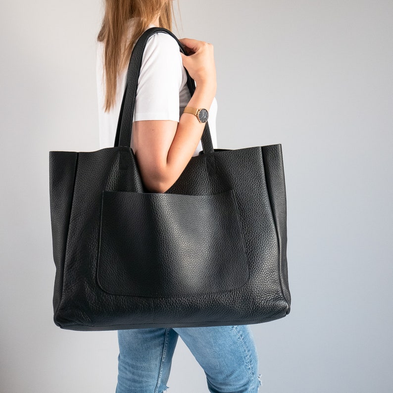 BLACK OVERSIZE Leather TOTE Bag Shopping Bag Leather Purse - Etsy