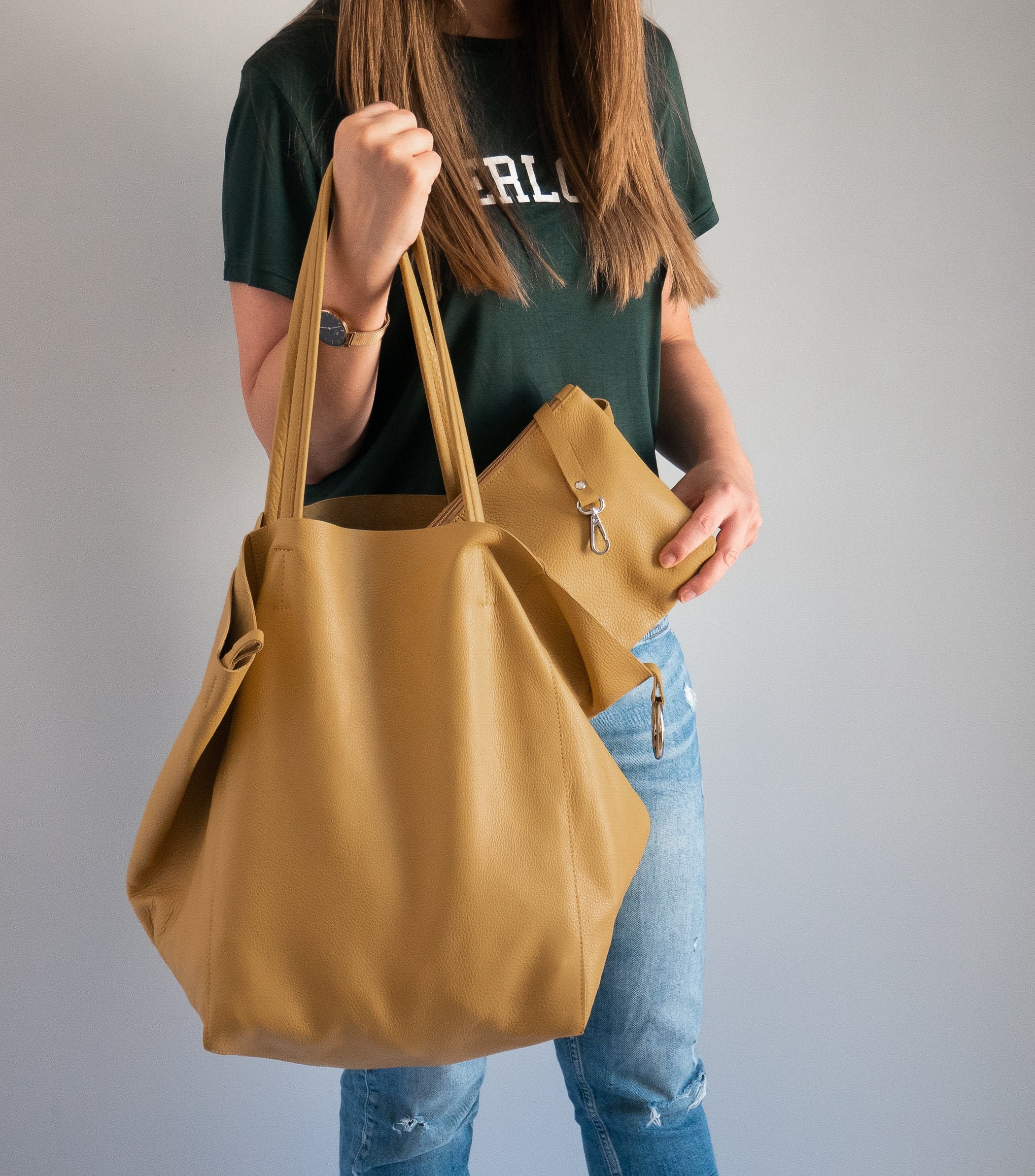 Yellow OVERSIZE SHOULDER Bag Large Leather Tote Bag Big -  Denmark