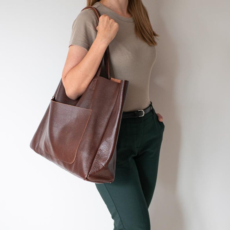 Borsa tote oversize in pelle marrone, borsa per la spesa, borsetta in pelle, borsa a tracolla grande, borsa tote in pelle per tutti i giorni, borsa tote extra large, marrone cognac immagine 5