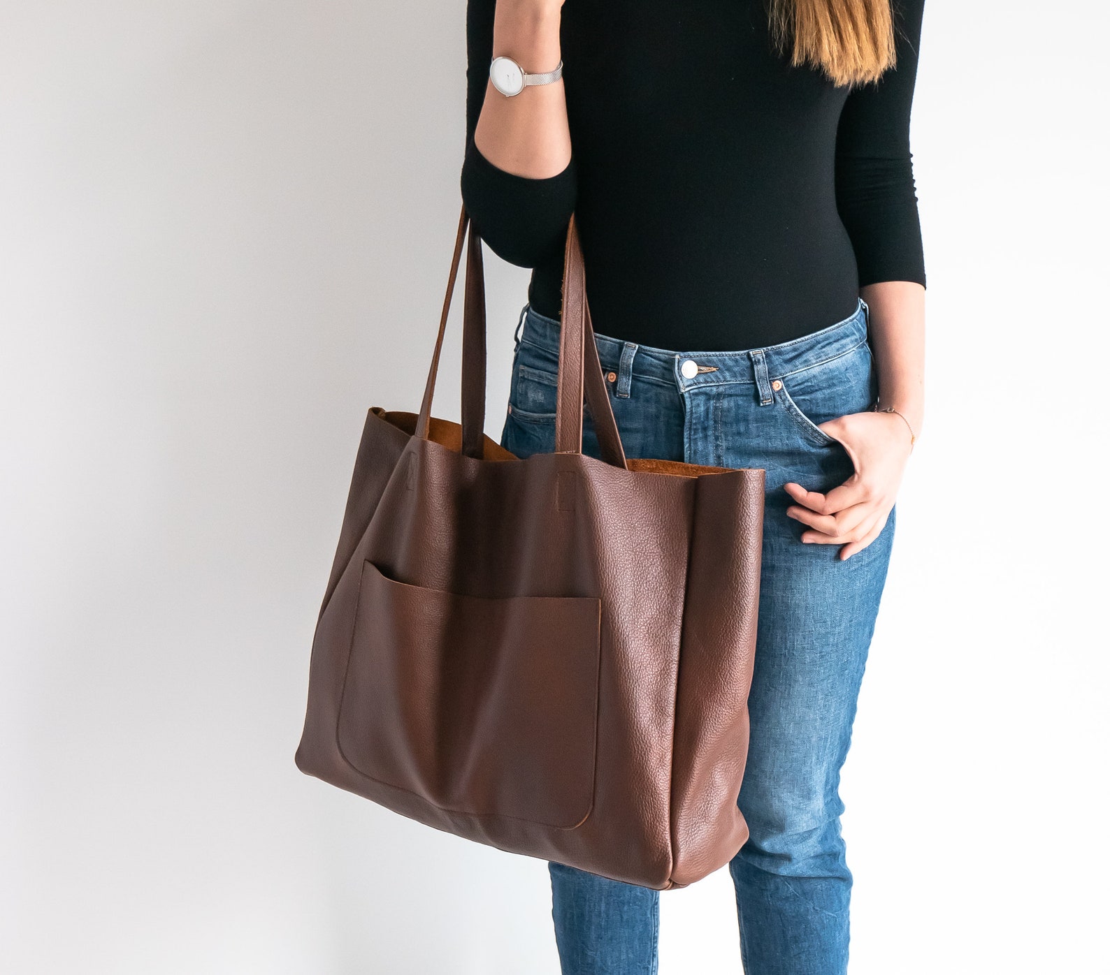 Brown OVERSIZE Leather TOTE Bag Shopping Bag Leather Purse Etsy
