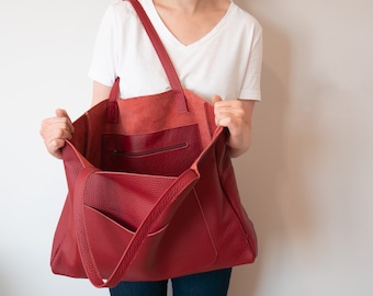 Fourre-tout bordeaux élégant pour un usage quotidien - Sac à main en cuir surdimensionné, polyvalent et élégant, GRAND sac bandoulière rouge, sac surdimensionné, fourre-tout de tous les jours