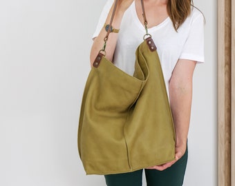 Olive Green Leather Hobo Bag, Large Shoulder Handbag, Oversized Soft Leather Purse, Women's Everyday Carry, Natural Leather Zippered Bag