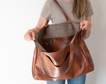 Cognac Brown LARGE SHOULDER BAG, Oversize Leather Bag, Large Everyday Leather Tote, Leather Purse, Big Shoulder Bag, Cognac Brown Handbag