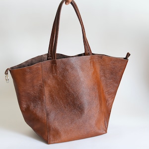 Cognac BROWN OVERSIZE SHOPPER Bag Large Leather Tote Bag Big Shoulder Bag, Travel Bag, Shopping Bag Oversized Tote Everyday Purse image 9