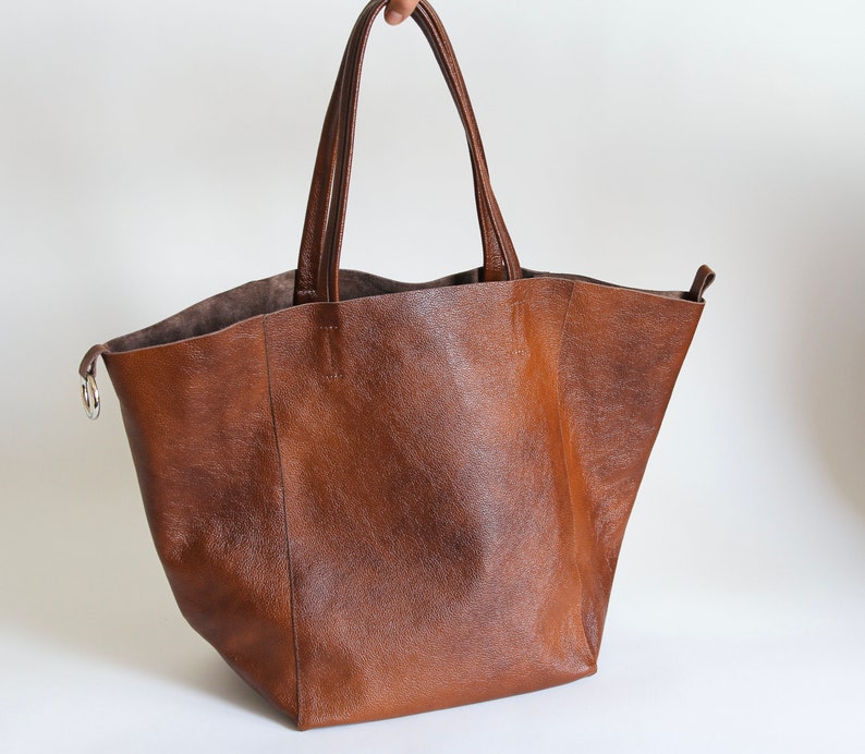 Cognac BROWN OVERSIZE SHOPPER Bag Large Leather Tote Bag Big Shoulder Bag, Travel Bag, Shopping Bag Oversized Tote Everyday Purse image 9