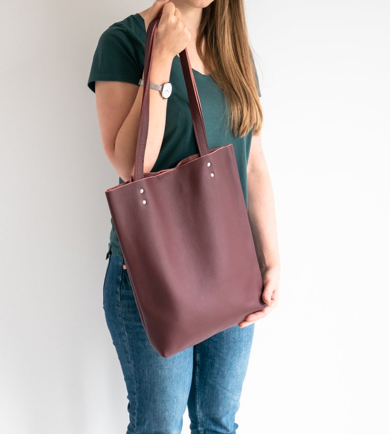 Burgundy LEATHER TOTE Bag - Red Leather Purse - Natural Leather Book Bag - Womens Tote bag - Leather Handbag - Tote Bag - Simple Bag image 6