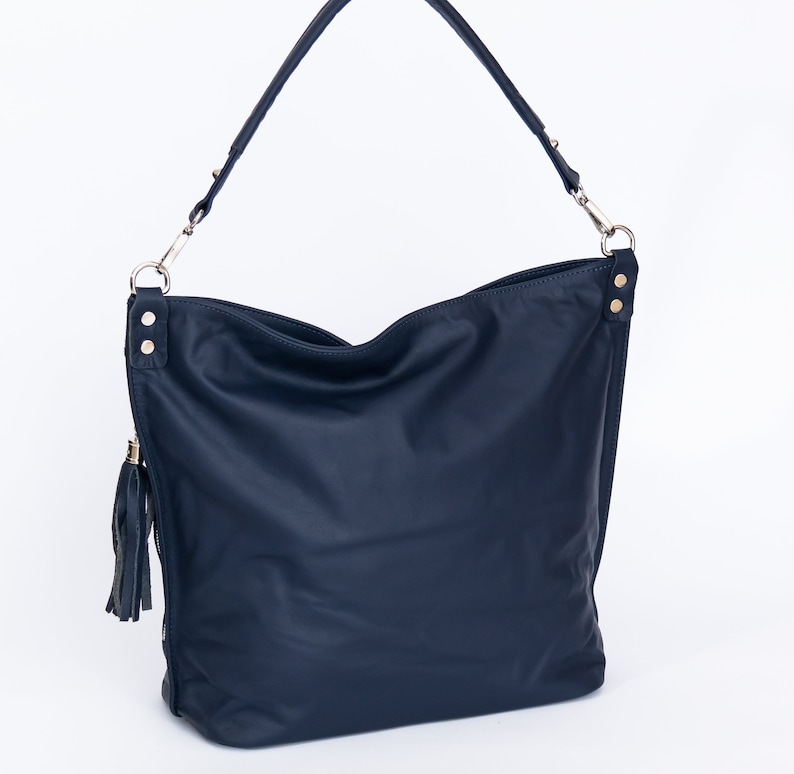 LEATHER HOBO BAG, Navy Blue Leather Handbag, Everyday Tote, Crossbody Bag, Leather Shoulder Bag, Leather Tassel Bag, Fringe Hobo Bag Tote zdjęcie 3