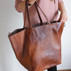 Cognac BROWN OVERSIZE SHOPPER Bag Large Leather Tote Bag Big Shoulder Bag, Travel Bag, Shopping Bag Oversized Tote Everyday Purse image 6