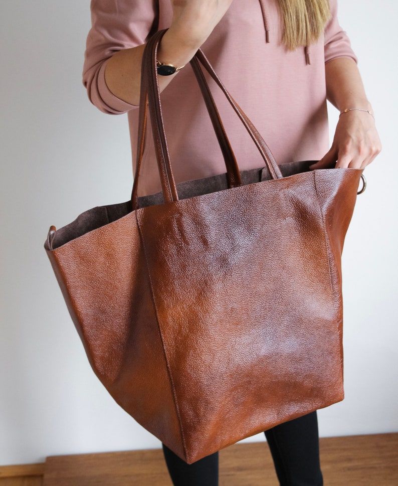Cognac BROWN OVERSIZE SHOPPER Bag Large Leather Tote Bag Big Shoulder Bag, Travel Bag, Shopping Bag Oversized Tote Everyday Purse image 6