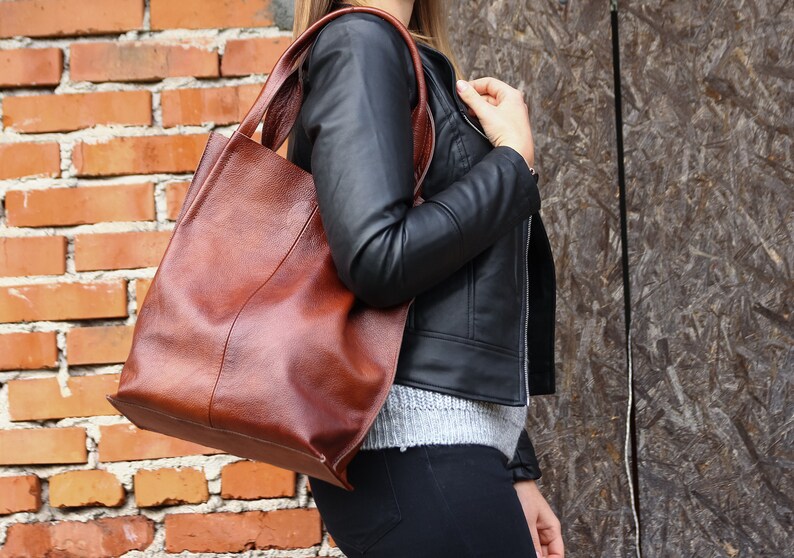 Cognac BROWN LEATHER SHOULDER Bag Leather Shopper Bag Large Etsy