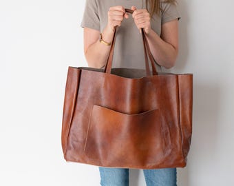 COGNAC BROWN OVERSIZE Leather Tote Bag, Shopping Bag, Leather Purse, Big Shoulder Bag, Leather Bag, Everyday Tote, Extra Large Tote Bag