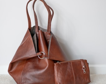 Cognac BROWN OVERSIZE SHOPPER Bag - Large Leather Tote Bag - Chestnut Brown Shoulder Bag - Shopping Bag - Oversized Tote - Everyday Purse