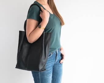 Leather Tote Bag, Large Handbag, Leather Shopper Bag, Large Tote Bag, Shoulder Bag, Leather Purse, Gift For Her, Black Leather Tote