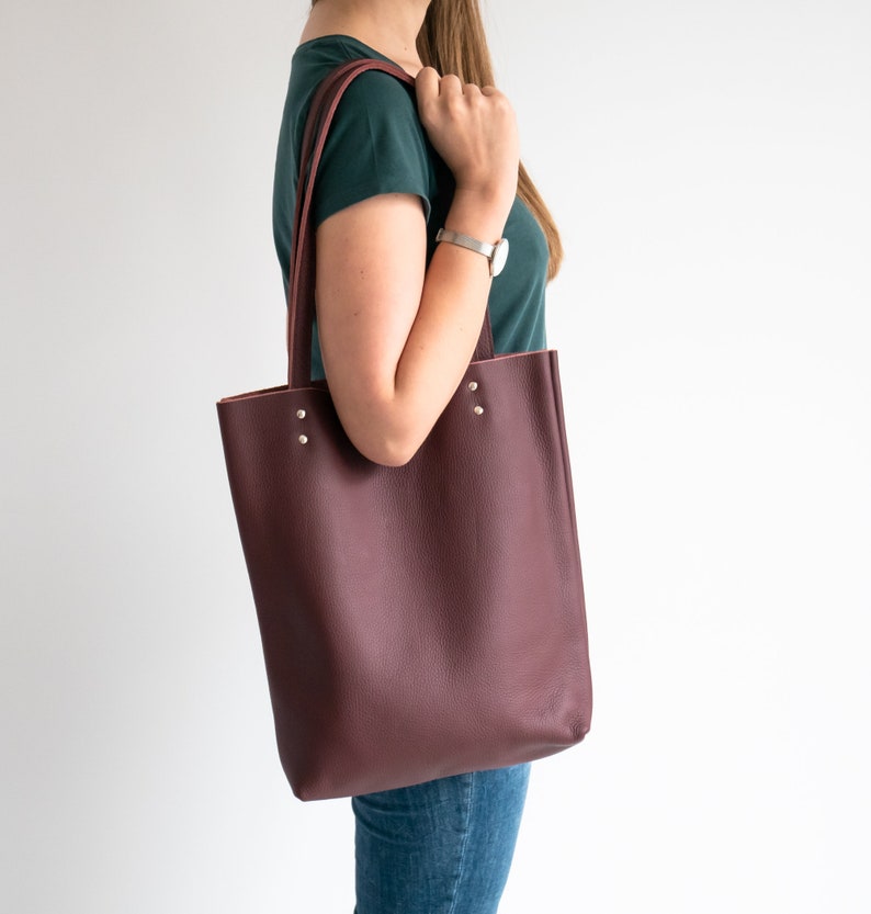 Burgundy LEATHER TOTE Bag - Red Leather Purse - Natural Leather Book Bag - Womens Tote bag - Leather Handbag - Tote Bag - Simple Bag image 4