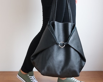 Extra Large Black Leather Tote Bag Oversized Work and Travel 