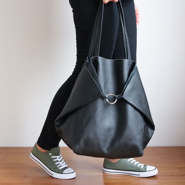 Black OVERSIZE SHOPPER Bag - Big Shoulder Bag - Travel Bag - Shopping Bag - Large Leather Tote Bag - Oversized Tote Bag - Everyday Purse
