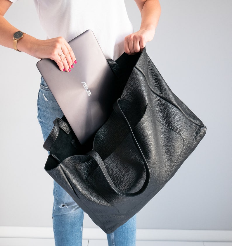 BLACK OVERSIZE Leather TOTE Bag Shopping Bag Leather Purse Etsy