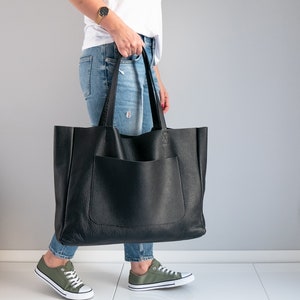 Große Schultertasche, Oversize Ledertasche, große Ledertasche, Alltagstasche, Leder Frauen Geldbörse, große Schultertasche, schwarze Handtasche Bild 5