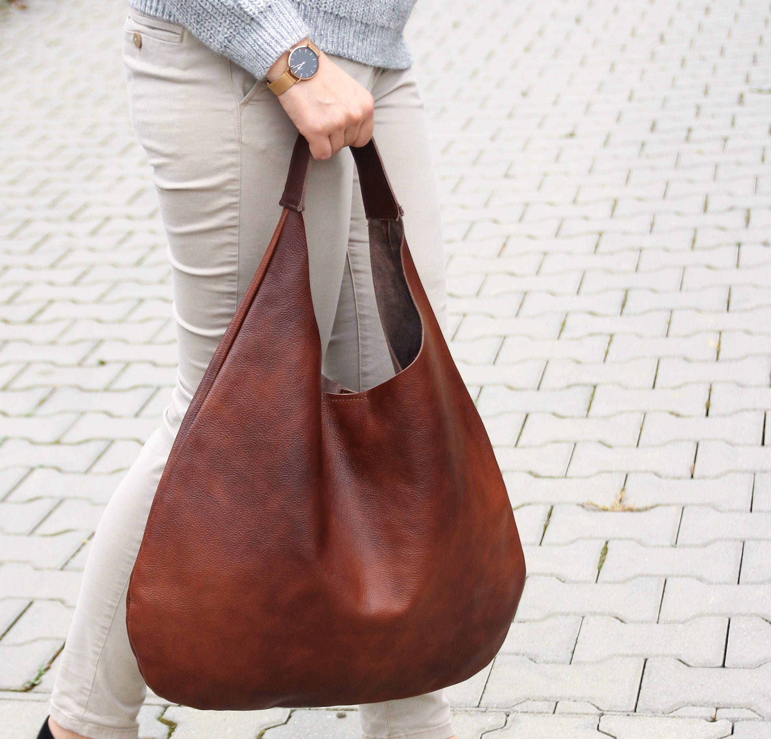 LEATHER HOBO Bag Cognac BROWN Oversize Shoulder Bag | Etsy