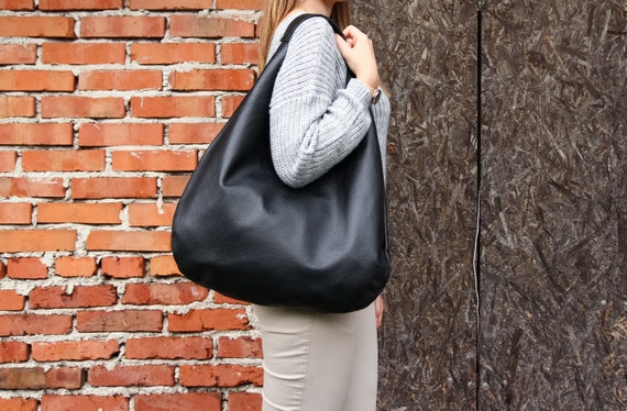 【MORE THAN BLACK】24SS★ LEATHER HOBO BAG BLACK LEATHER HOBO Bag - Oversize Shoulder Bag - Everyday
