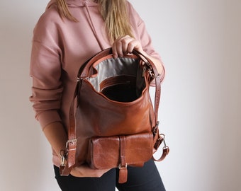 Cognac Brown Leather BACKPACK - Leather Rucksack - Backpack Purse - Brown Leather Tote Bag - Laptop Backpack - Leather Handbag School Bag