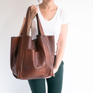 COGNAC BROWN LEATHER Tote Bag, Brown Slouchy Tote, Weekender Oversize Bag, Large Handbag for Women, Everyday Shopper, Leather Purse