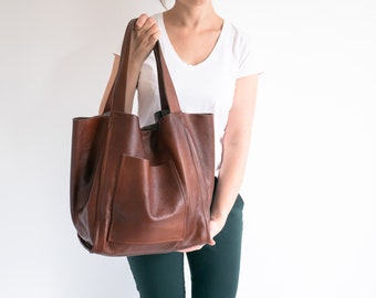 COGNAC BROWN LEATHER Tote Bag, Brown Slouchy Tote, Weekender Oversize Bag, Large Handbag for Women, Everyday Shopper, Leather Purse