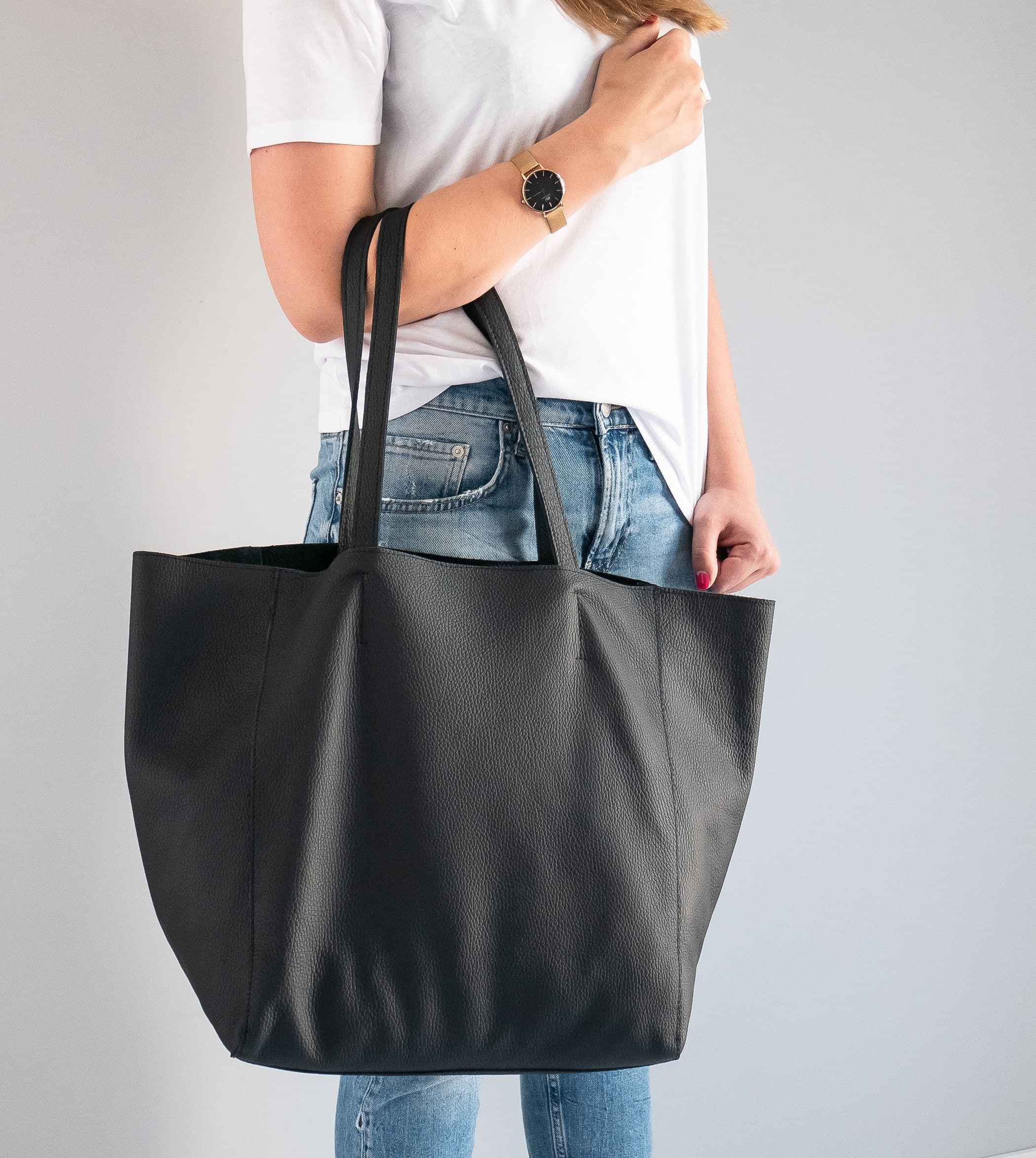 OVERSIZED Tote Bag BLACK Leather Shopper SOFT Leather Handbag