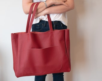 Chic Red Leather Tote Bag - Spacious Carryall for Everyday Elegance and Professional Style, Red OVERSIZE Leather Shopping Bag, Shoulder Bag