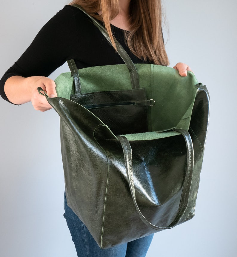 Large GREEN OVERSIZE Tote Bag Dark Green Leather SHOPPER Bag Etsy