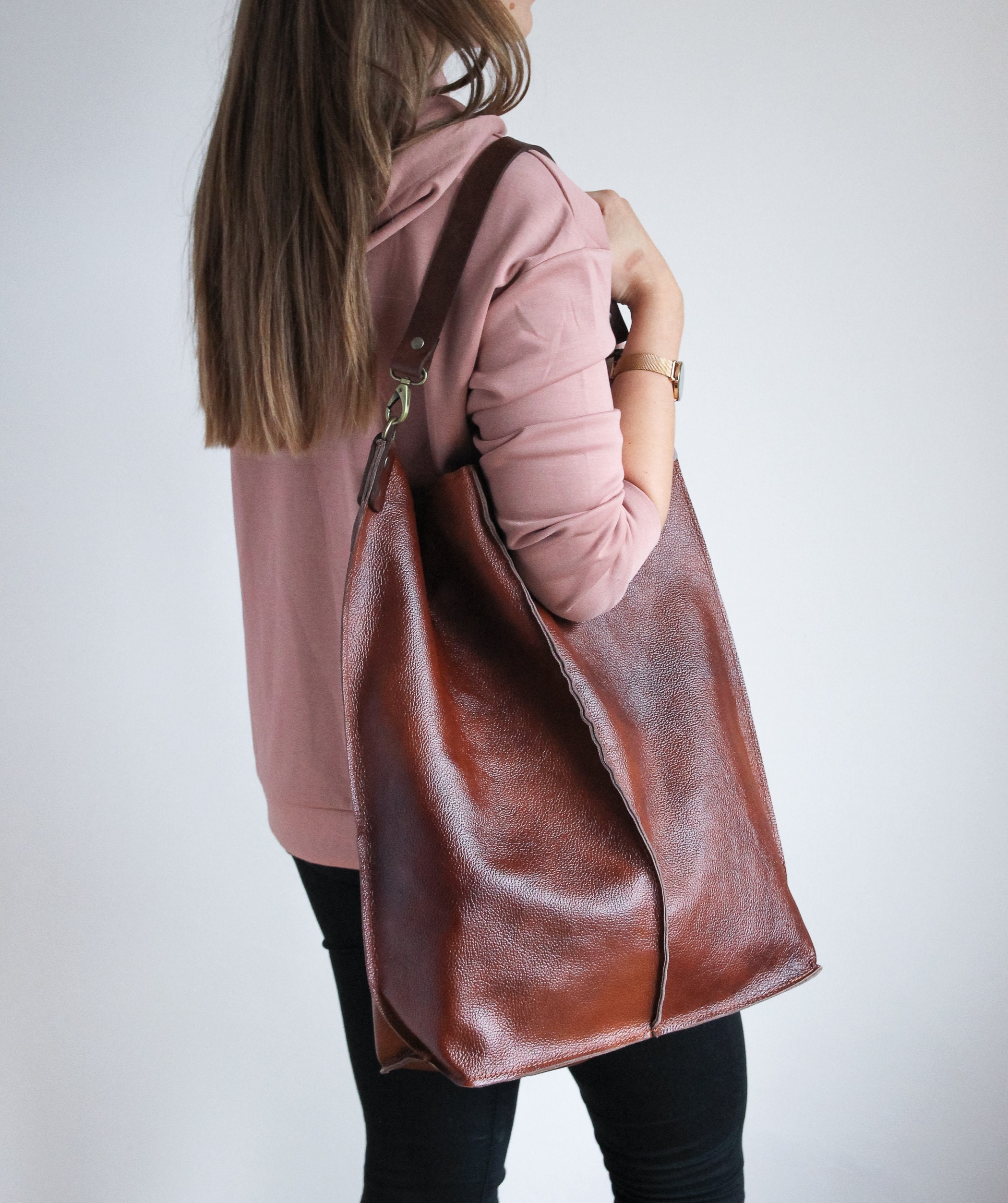 Oversized BROWN Leather HOBO Bag, Large Shopper Bag - Brown